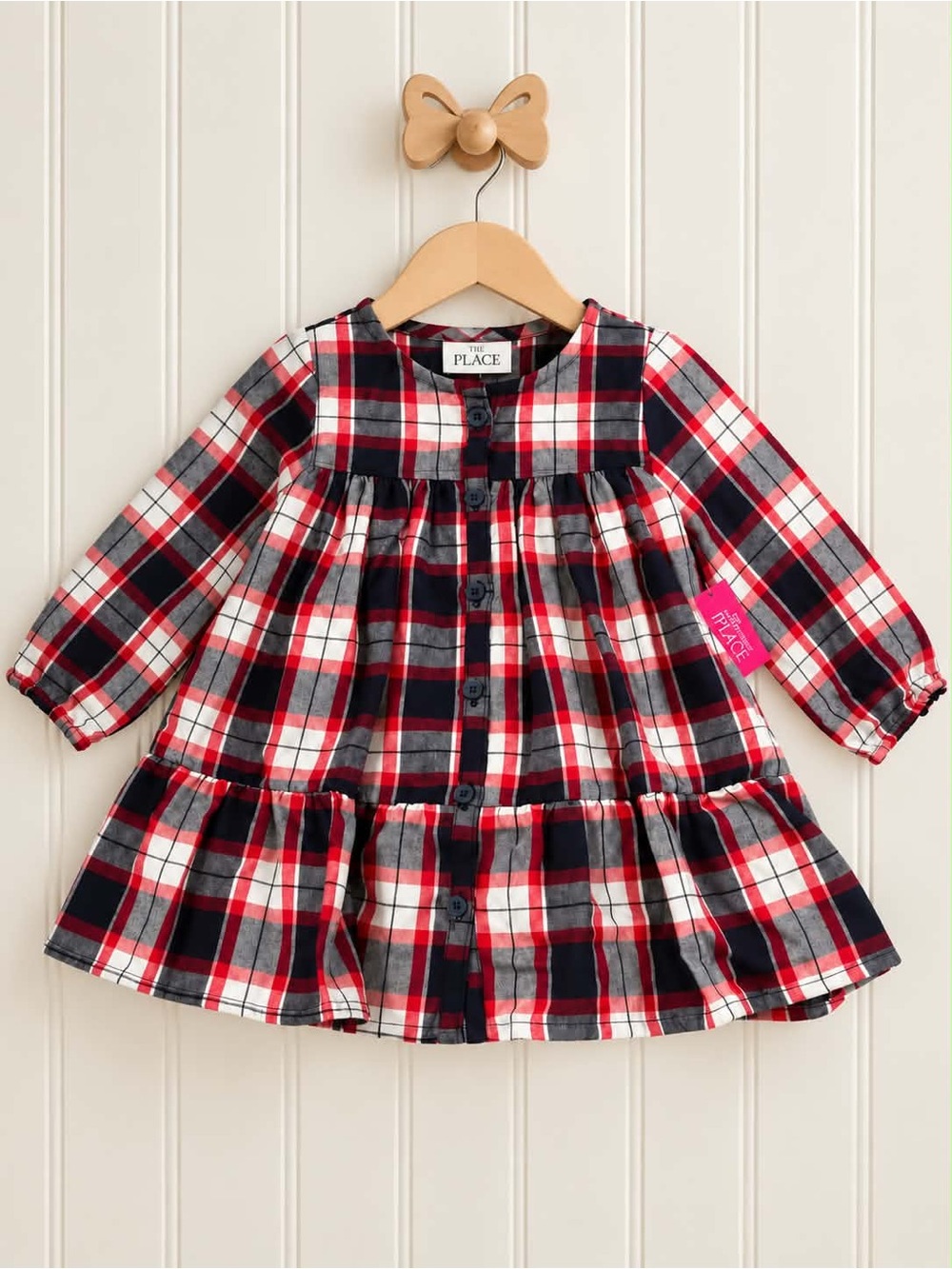 The Children’s Place Baby Girl Holiday Plaid Button Ruffle Dress Size 12-18